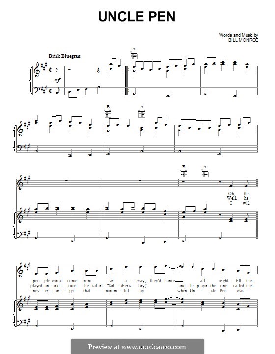 Uncle Pen: Für Stimme und Klavier (oder Gitarre) by Bill Monroe
