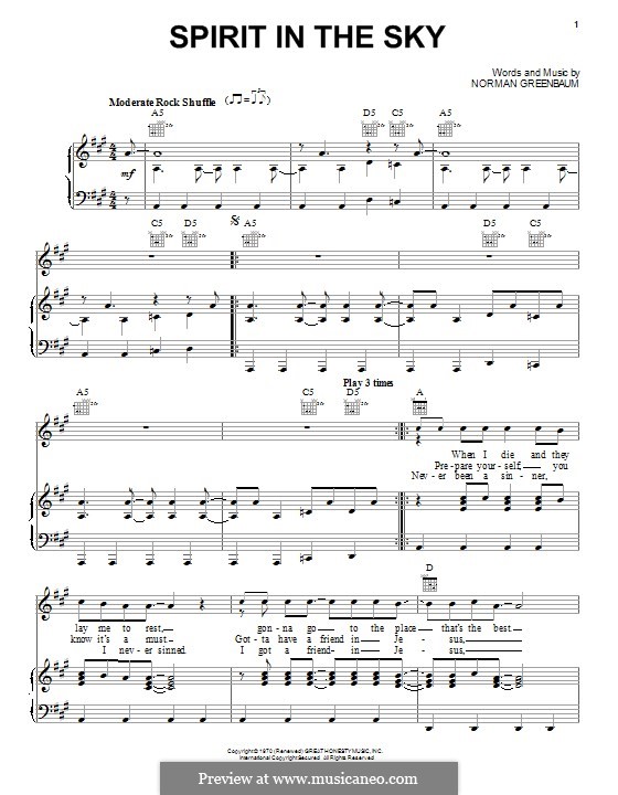 Spirit in the Sky: Für Stimme und Klavier (oder Gitarre) by Norman Greenbaum