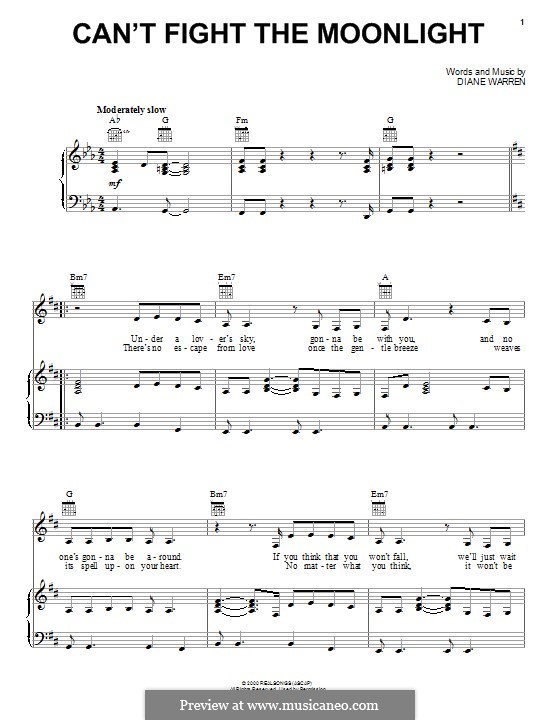 Can't Fight the Moonlight (LeAnn Rimes): Für Stimme und Klavier (oder Gitarre) by Diane Warren