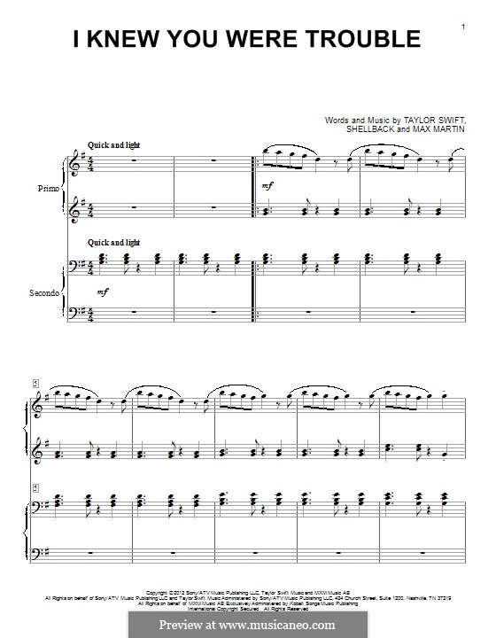 i knew you were trouble taylor swift von shellback max martin auf i knew you were trouble sheet music