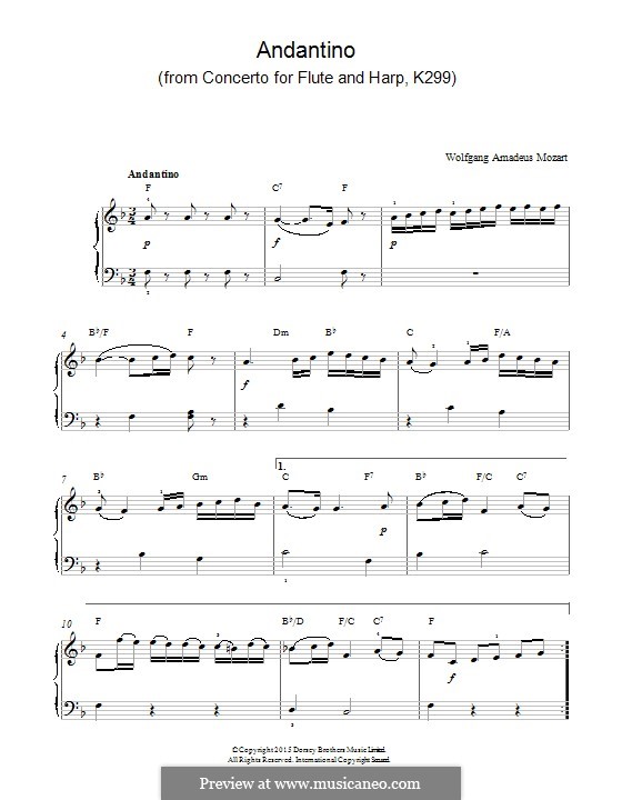 Konzert für Flöte, Harfe und Orchester in C-Dur, K.299: Andantino. Version for piano by Wolfgang Amadeus Mozart