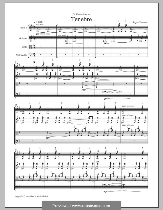 Tenebre (String quartet): Score and parts by Bryce Dessner