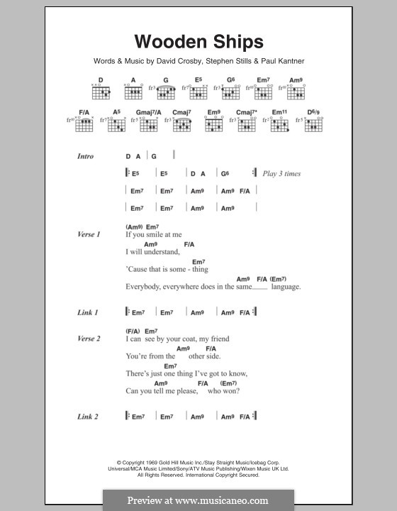 Wooden Ships (Crosby, Stills & Nash): Text und Akkorde by David Crosby, Paul Kantner, Stephen Stills