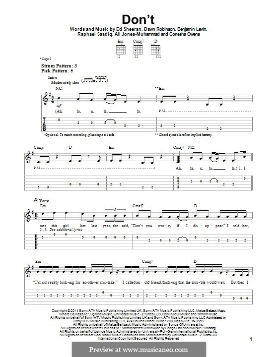 Don't: Für Gitarre mit Tabulatur by Ed Sheeran, Ali Jones-Muhammad, Benjamin Levin, Raphael Saadiq, Conesha Owens, Dawn Robinson