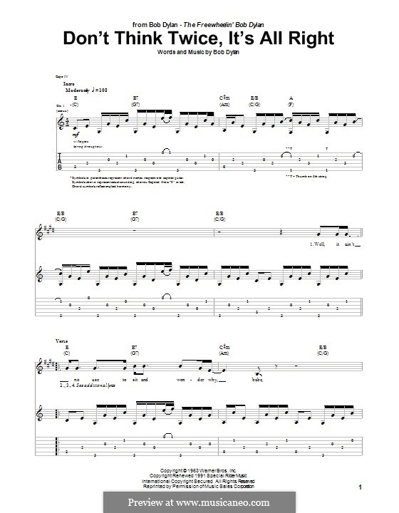 Don't Think Twice, It's Alright: Für Gitarre mit Tabulatur by Bob Dylan