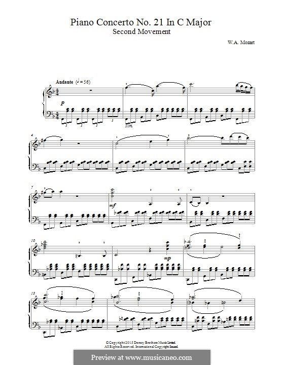Konzert für Klavier und Orchester Nr.21 in C-Dur, K.467: Movement II (Fragment). Version for piano by Wolfgang Amadeus Mozart