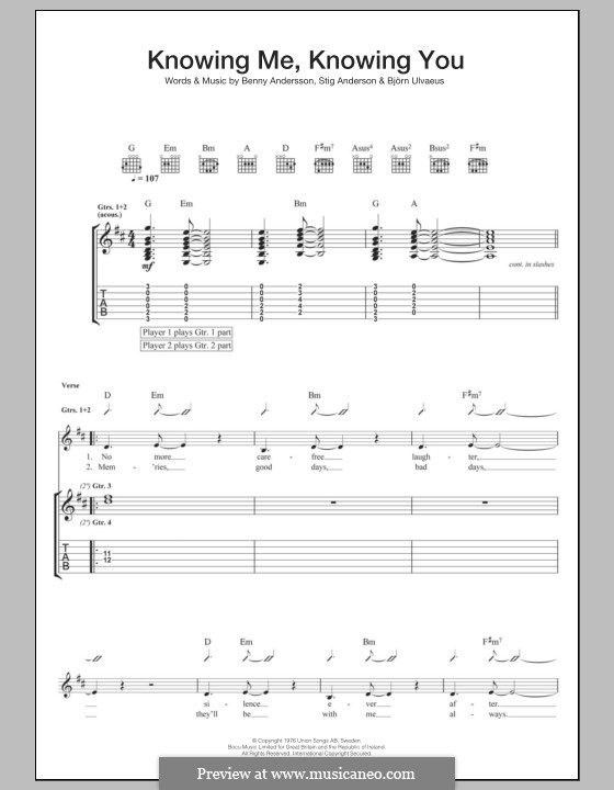 Knowing Me, Knowing You (ABBA): Für Gitarre mit Tabulatur by Benny Andersson, Björn Ulvaeus, Stig Anderson