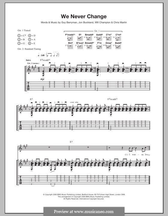 We Never Change (Coldplay): Für Gitarre mit Tabulatur by Chris Martin, Guy Berryman, Jonny Buckland, Will Champion