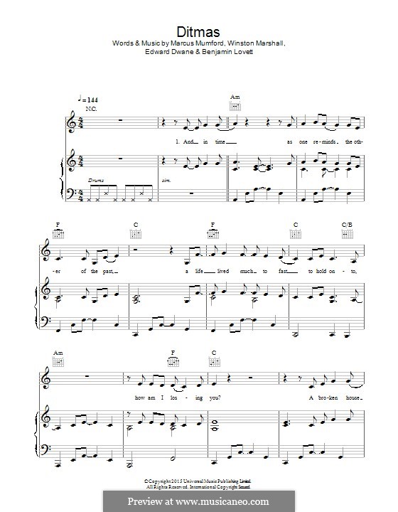 Ditmas (Mumford & Sons): Für Stimme und Klavier (oder Gitarre) by Marcus Mumford, Ben Lovett, Winston Marshall, Edward Dwane