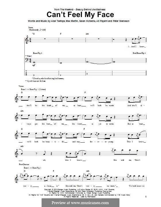 Can't Feel My Face (The Weeknd): Für Bassgitarre mit Tabulatur by Max Martin, Peter Svensson, Savan Kotecha, Abel Tesfaye, Ali Payami