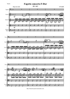 Concerto for Fagotto and Strings in F Major, RV 485: Score and all parts by Antonio Vivaldi
