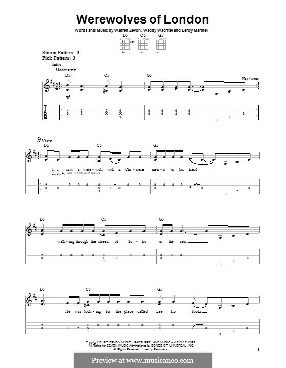 Werewolves of London: Für Stimme und Klavier (oder Gitarre) by Leroy Marinel, Waddy Wachtel, Warren Zevon