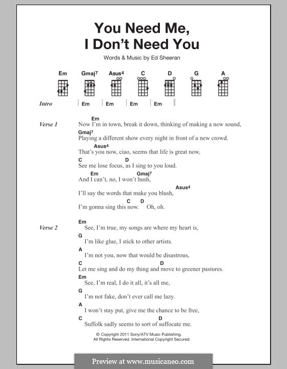 You Need Me I Don't Need You: Für Ukulele by Ed Sheeran