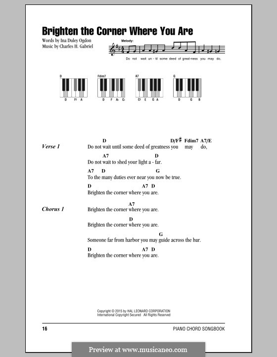 Brighten the Corner Where You Are: Text und Akkorde by Charles Hutchinson Gabriel