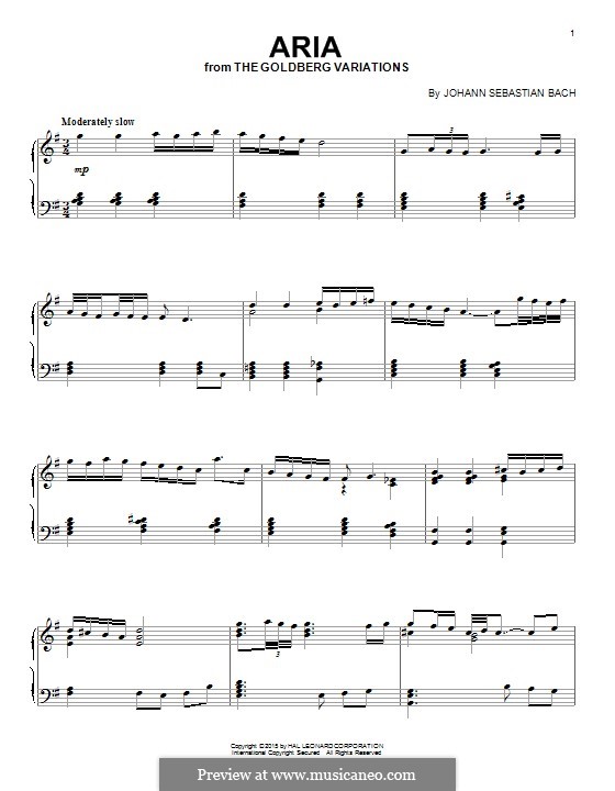 Goldberg-Variationen, BWV 988: Aria, for piano by Johann Sebastian Bach