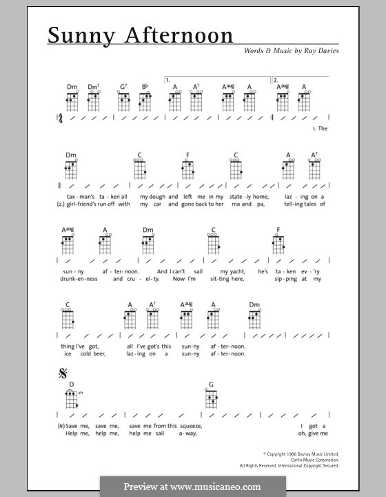 Sunny Afternoon (The Kinks): Für Ukulele by Ray Davies