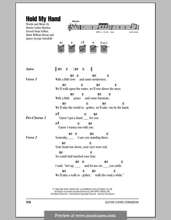 Hold My Hand (Hootie & The Blowfish): Text und Akkorde by Darius Carlos Rucker, Everett Dean Felber, James George Sonefeld, Mark William Bryan