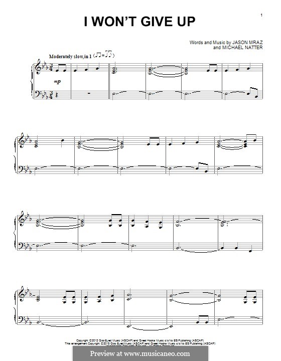 I Won't Give Up: Für Klavier by Jason Mraz, Michael Natter