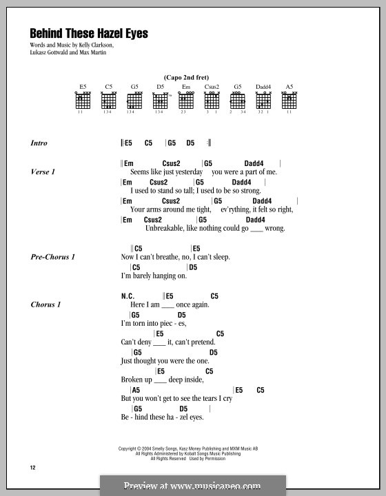 Behind These Hazel Eyes: Text und Akkorde by Kelly Clarkson, Lukas Gottwald, Max Martin