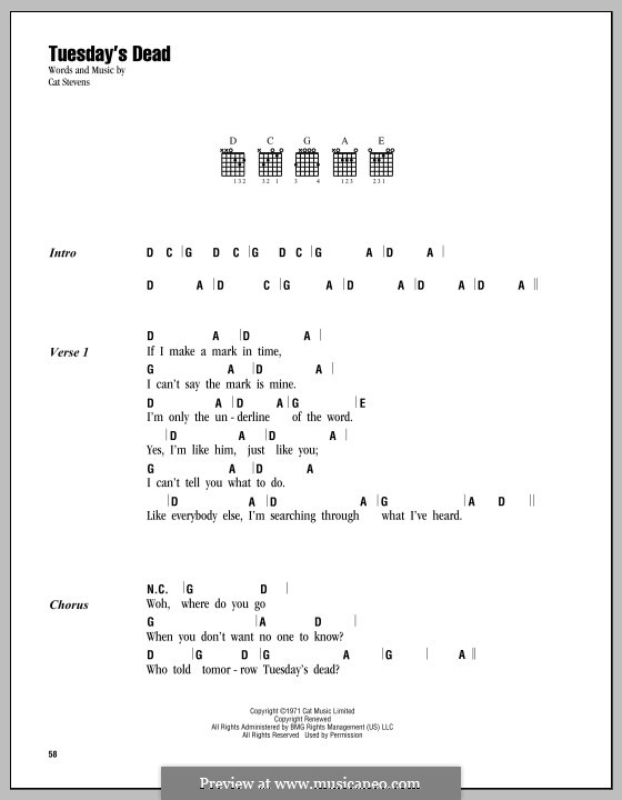 Tuesday's Dead: Text und Akkorde by Cat Stevens