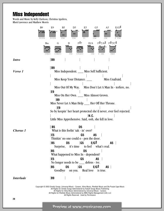 Miss Independent (Kelly Clarkson): Text und Akkorde by Christina Aguilera, Matthew B. Morris
