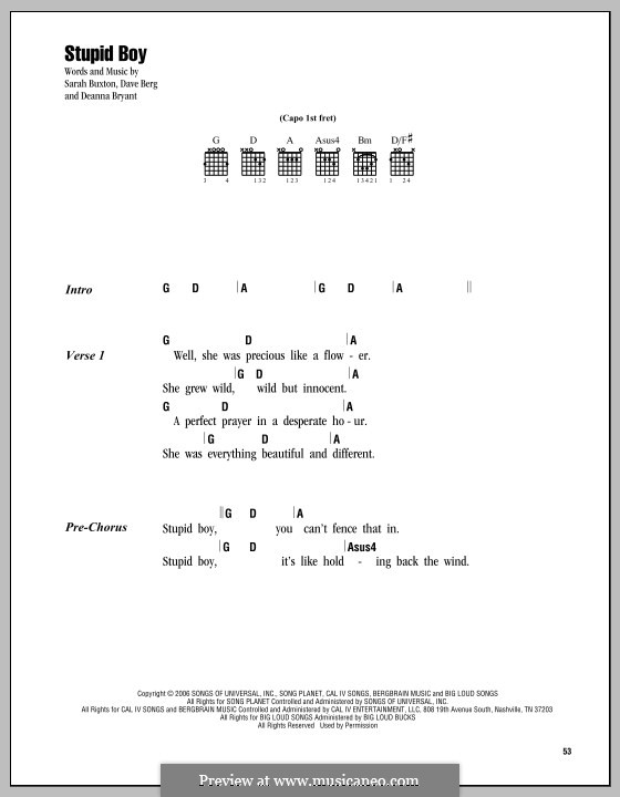 Stupid Boy: Text und Akkorde by Dave Berg, Deanna Bryant, Sarah Buxton