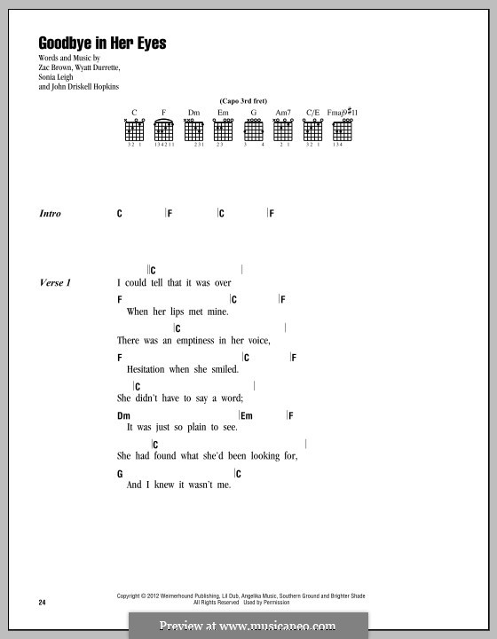 Goodbye in Her Eyes (Zac Brown Band): Text und Akkorde by John Driskell Hopkins, Wyatt Durrette, Zac Brown