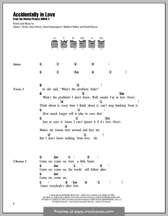 Accidentally in Love (from Shrek 2): Text und Akkorde by Adam F. Duritz, Daniel J. Vickrey, David Bryson, David Immergluck, Matthew Malley