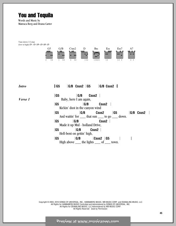 You and Tequila (Kenny Chesney): Text und Akkorde by Deana Carter, Matraca Berg