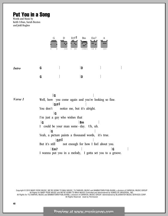 Put You in a Song (Keith Urban): Text und Akkorde by Jedd Hughes, Sarah Buxton