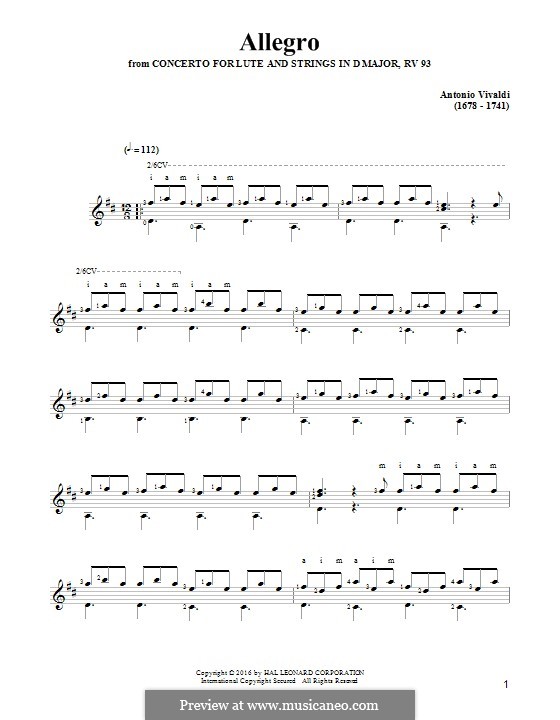 Concerto for Lute (or Mandolin) and Strings in D Major, RV 93: Movement III Allegro. Arrangement for guitar by Antonio Vivaldi
