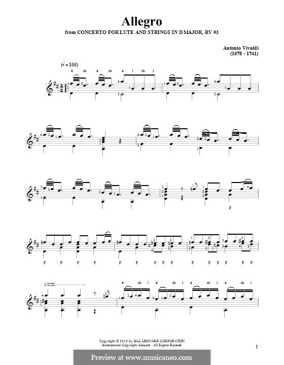 Concerto for Lute (or Mandolin) and Strings in D Major, RV 93: Movement I Allegro. Arrangement for guitar by Antonio Vivaldi