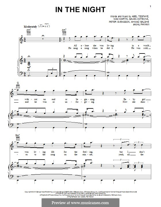 In the Night (The Weeknd): Für Stimme und Klavier (oder Gitarre) by Max Martin, Peter Svensson, Savan Kotecha, Abel Tesfaye, Ali Payami, Ahmad Balshe