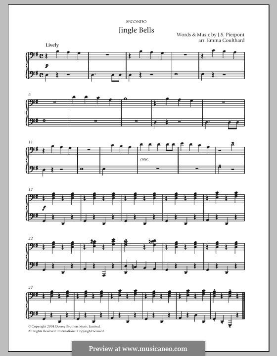 Piano version (printable scores): For four hands by James Lord Pierpont