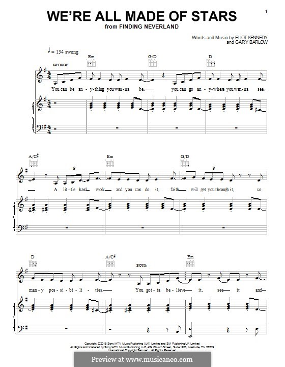 We're All Made of Stars (from 'Finding Neverland'): Für Stimme und Klavier (oder Gitarre) by Eliot Kennedy, Gary Barlow