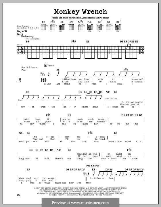 Monkey Wrench (Foo Fighters): Für Gitarre by David Grohl, Nate Mendel, Pat Smear