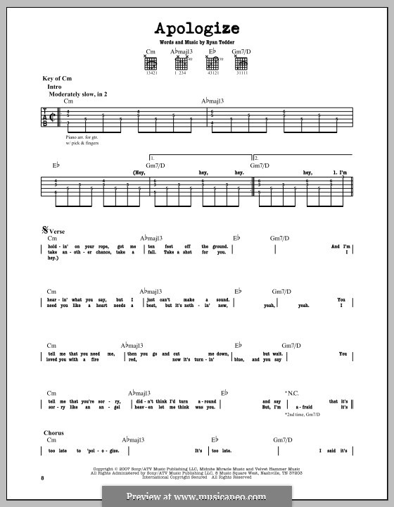 Apologize (OneRepublic): Für Gitarre mit Tabulatur by Ryan B Tedder
