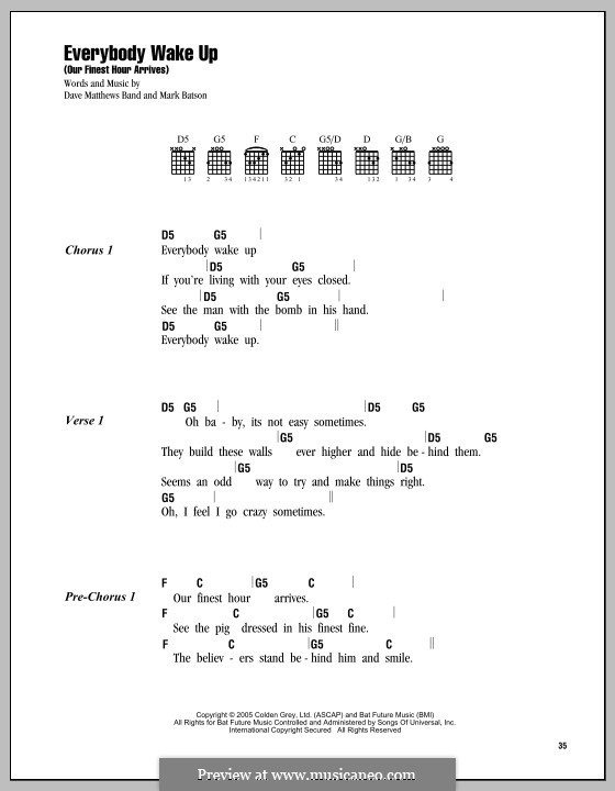 Everybody Wake Up / Our Finest Hour Arrives (Dave Matthews Band): Text und Akkorde by Mark Batson