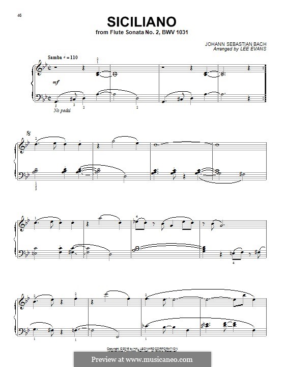 Sonate für Flöte und Cembalo Nr.2 in Es-Dur, BWV 1031: Siciliano. Arrangement for piano by Johann Sebastian Bach