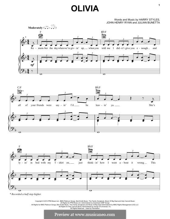 Olivia (One Direction): Für Stimme und Klavier (oder Gitarre) by Julian Bunetta, Harry Styles, John Henry Ryan