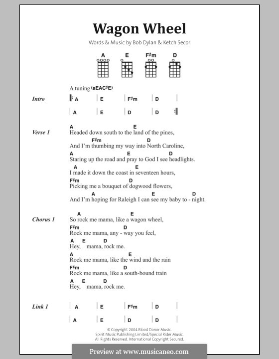 Wagon Wheel (Old Crow Medicine Show): Text und Akkorde by Bob Dylan, Ketch Secor