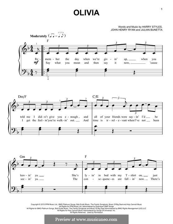 Olivia (One Direction): Für Klavier by Julian Bunetta, Harry Styles, John Henry Ryan