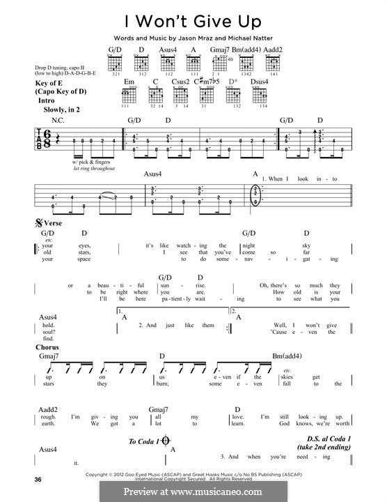 I Won't Give Up: Für Gitarre by Jason Mraz, Michael Natter