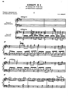 Konzert für Klavier und Orchester Nr.5 in D-Dur, K.175: Bearbeitung für zwei Klaviere, vierhändig by Wolfgang Amadeus Mozart