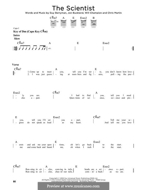 The Scientist (Coldplay): For guitar with lyrics by Chris Martin, Guy Berryman, Jonny Buckland, Will Champion