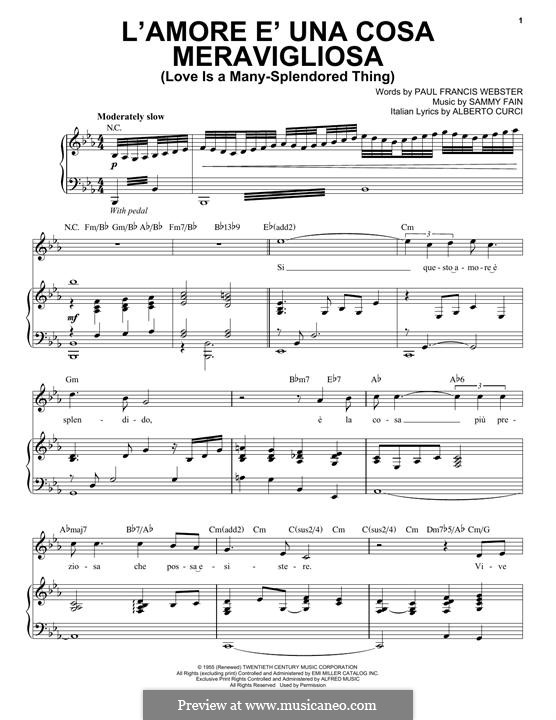 L'Amore E Una Cosa Mervavigliosa (Love Is a Many-Splendored Thing): Für Stimme und Klavier by Sammy Fain