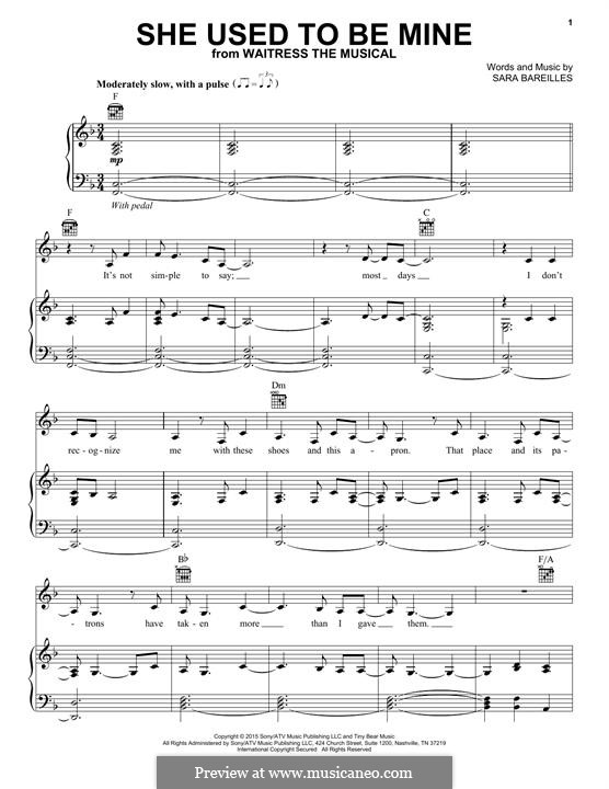 She Used To Be Mine (from Waitress): Für Stimme und Klavier (oder Gitarre) by Sara Bareilles