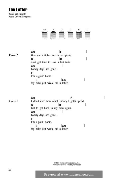 The Letter (The Box Tops): Text und Akkorde by Wayne Carson Thompson