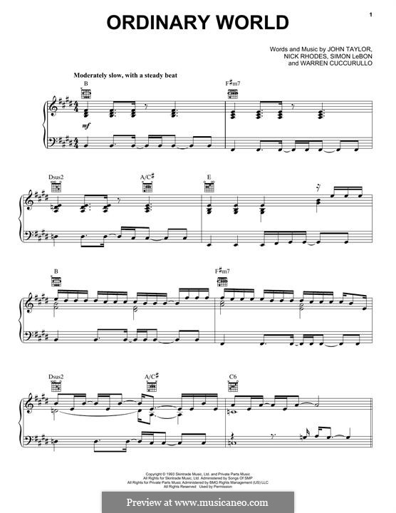 Ordinary World (Duran Duran): Für Stimme und Klavier (oder Gitarre) by John Taylor, Nick Rhodes, Simon Le Bon, Warren Cuccurullo