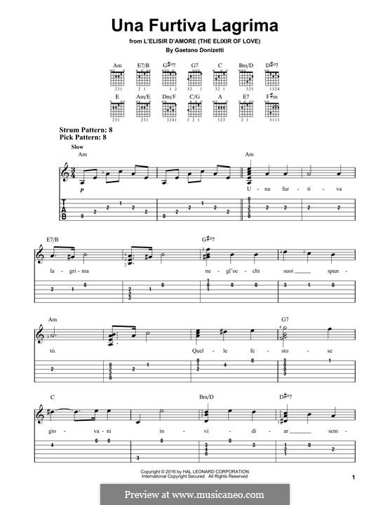 Der Liebestrank: Act II, Romance Nemorino 'Una furtiva lagrima', for guitar by Gaetano Donizetti